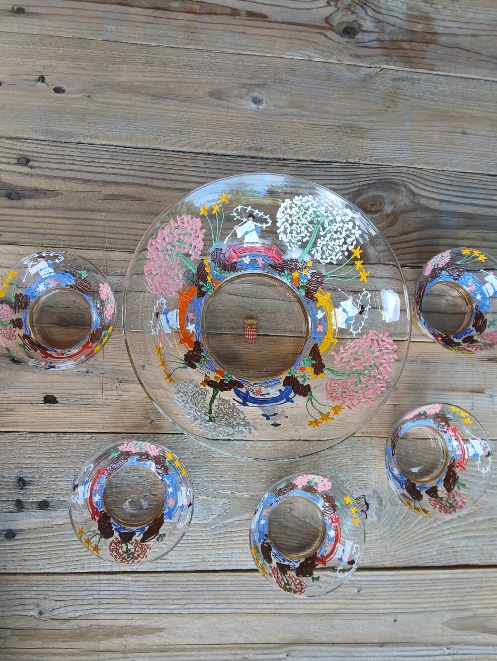 Mid-Century Monaco Monte Carlo Hand-Painted Glass Salad & Dessert Bowl Set